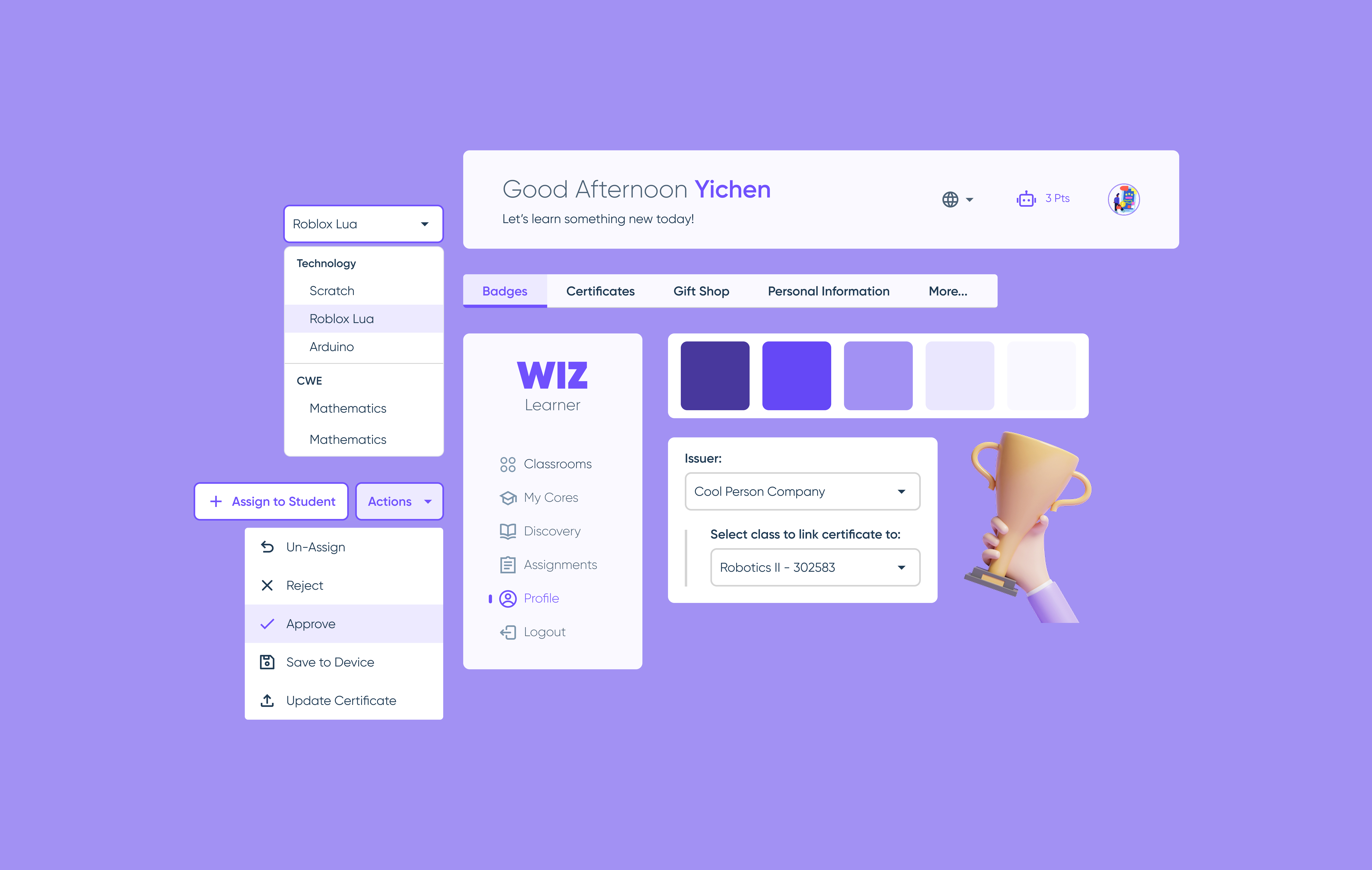 Wiz Learner design system — existing B2C component library and screens
